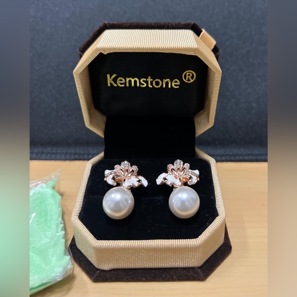 Kemstone Rose Gold Simulated Pearl Flower Clip On Earrings